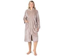 PAVILIA Womens Housecoat Zip Robe, Fleece Zip Up Front Robe Bathrobe, Plush Warm Zipper House Coat Lounger with Pockets, Long, Taupe, S-M