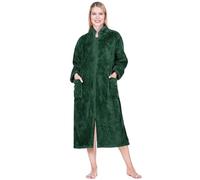 PAVILIA Womens Housecoat Zip Robe, Sherpa Zip Up Front Robe Bathrobe, Plush Warm Zipper House Coat Lounger, Pockets Fluffy, Emerald Green, S-M