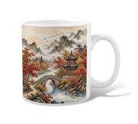 Pavilion Ceramic Coffee Mug, Traditional Artistic Bridge Mountains Fall Red Novelty Tea Mug with Handle Ideal for Friends Family Co-worker Lovers Eldership Senior 11 Oz
