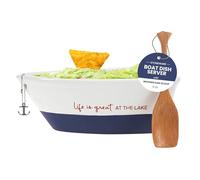 Pavilion Gift Company 67541 12 Oz Stoneware Boat Dish Server with Wooden Oar Scoop Life is At The Lake Blue