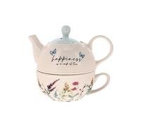 Pavilion - Happiness 14.5 oz Ceramic Teapot and Tea Cup Set, Watercolor Floral Tea for One Set, Floral Teapot with Cup, Stacked Teapot Cup, Summer Kitchen Decor, 1 Count, Blue