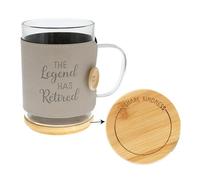 Pavilion - "The Legend Has Retired" 16 oz Glass Coffee Cup Mug With Unique Beige Wrap & Bamboo Coaster Cap 3 Piece Co-Worker Present Gift