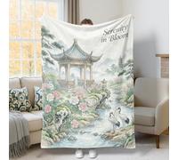 Pavilion Throw Blanket, Asian Serene Crane Water Lily Spring Pastel Green Fuzzy Blanket Compact Decorative Aesthetic for Couch Sofa Bed Lap Desk Dorm Work 50x60 Inch