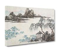 Pavilion Under The Willow Trees By Shen Zhou Asian Japanese Canvas Wall Art Print Ready to Hang, Framed Picture for Living Room Bedroom Home Office Décor, 30x20 Inch (76x50 cm)