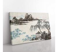 Pavilion Under The Willow Trees By Shen Zhou Asian Japanese Canvas Wall Art Print Ready to Hang, Framed Picture for Living Room Bedroom Home Office Décor, 76x50 cm (30x20 Inch)