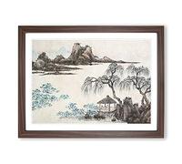 Pavilion Under The Willow Trees By Shen Zhou Asian Japanese Framed Wall Art Print, Ready to Hang Picture for Living Room Bedroom Home Office Décor, Walnut A2 (64 x 46 cm)