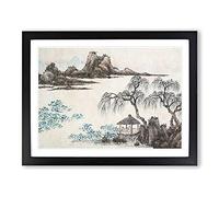 Pavilion Under The Willow Trees By Shen Zhou Asian Japanese Framed Wall Art Print, Ready to Hang Picture for Living Room Bedroom Home Office Décor, Black A2 (64 x 46 cm)