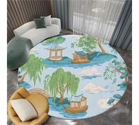 Pavilions And Towers Willows Round Rug 120 cm Washable Circle Rug Non Slip, Chinese Style Low Pile Anti-Skid Round Carpets for Bedroom Entryway Dining Room Playroom Crawling Play Mat