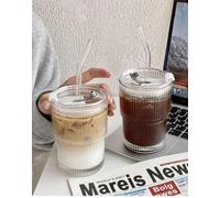 Pavlleen Set of 2 400 ml Glass Cups with Lid and Straw, Ribbed Glass Cups, Iced Coffee Glasses, Airtight Waterproof Design Coffee Mug, Travel Mug for Juice, Smoothie, Water, Tea