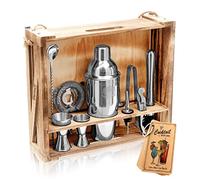 PAVOCI Cocktail Making Set - 11-Piece Cocktail Shakers Bartender Kit - Premium Stainless Steel Cocktail Maker with Wooden Stand and Accessories - Ideal Bar Tools, Kitchen, Professional Use