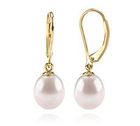 PAVOI 14K Yellow Gold Plated Freshwater Cultured Pearl Earrings Leverback Dangle Studs - Handpicked AAA Quality 9mm
