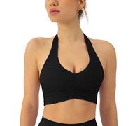 PAVOI Active Ruching Workout Halter Bra for Women - Low Support Yoga Backless Sports Bra Removable Pads Halter Top - FlexFlow, Black, M