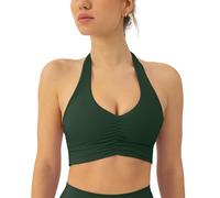 PAVOI ACTIVE Ruching Workout Halter Bra for Women - Low Support Yoga Backless Sports Bra Removable Pads Halter Top - FlexFlow, Pine Green, XL