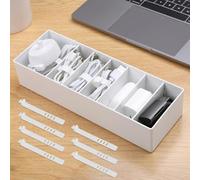 PAVSTINE Cable Storage Box Small, 1 Pcs White Cable Tidy with Adjustable Compartments, Cable Tidy Management Box with 7 Cable Ties, Cord Organiser Box for Wire and Charger Storage