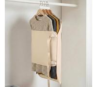 PAVSTINE Hanging Wardrobe Organiser with Compression, Space Saving Satin Clothes Storage for Wardrobe, Holds 30 Thin Garments or 6 Thick Coats, Anti-Wrinkle & Foldable (Beige)