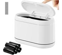 PAVSTINE Mini Desktop Bin with Pop-up Lid, Table Top Bin Dual-Chamber Design, Desk Bins Equipped 5 Rolls of Rubbish Liners and 4 Anti-slip Mats, Table Little Can for Bedroom, Office(White, Full-Cover)