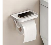 PAVSTINE Self Adhesive Toilet Roll Holder with Phone Shelf, ABS Multi-Functional Toilet Paper Holder, Wall Mounted Bathroom Accessories Tissue Roll Dispenser, White
