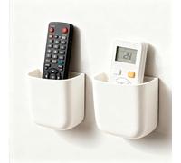 PAVSTINE Small Remote Control Holder Wall Mount, 2 Pcs TV Remote Holder Adhesive, Multi-functional Media Player Controller Storage Caddy Box, Organiser Tray for TV Remotes & Phone Chargers, White