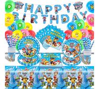 Paw Dog 82PCS Kids' Party Tableware Set - Pink Birthday Supplies with Banner, Balloons, Plates, Napkins, Cups, Straws and Tablecloths