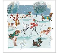 Paw-fect Christmas Festive Dogs in Park - Premium Pack of 10 Christmas & New Year Cards - 12 x 12cm - Matt Finish with Foil Embossed Detail