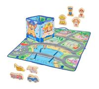Paw Patrol 2-in-1 Playmat Storage Box with 8 Wooden Characters & Vehicles - Foldable 75cm Playmat & Toy Storage Bag featuring Chase, Rubble, Skye & Marshall - Compact Children's Activity Set