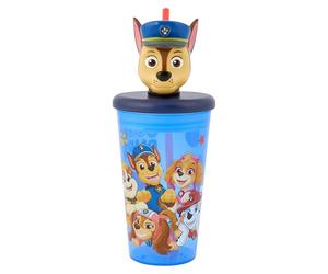Paw Patrol 3D Cap Straw Tumbler for Kids - 444ml | BPA-Free Drinkware with Chase Head | Fun & Durable Adventure Cup