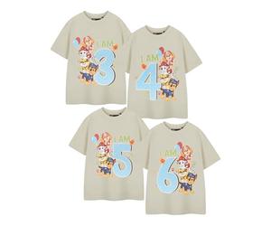 Paw Patrol Boys Beige Short Sleeved T-Shirt | Birthday Age Graphic Tee for Kids | Chase Marshall Rubble Skye Characters | Children's Cartoon Apparel Birthday Theme Top