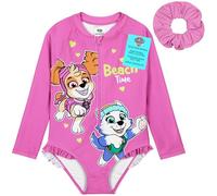 Paw Patrol Girls Swimming Costume Long Sleeve Swimsuit with Hair Scrunchie Skye One Piece for Kids Toddlers Swimwear for Pool Beach Holiday Essentials (2-3 Years, Pink)