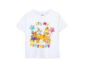 Paw Patrol Kids T-Shirt | It's My Birthday White Short Sleeve Graphic Tee for Kids | Chase Marshall Rubble Skye Character Celebration Lightweight Party Top | Movie Series Merchandise Gift