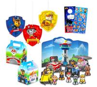 Paw Patrol Theme Party Decoration Set - Bundle with Centerpiece, Hanging Decor, and Treat Boxes Plus Stickers | Paw Patrol Birthday Party Supplies Set