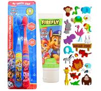 Paw Patrol Toothbrushes (2 Pack) and Paw Patrol Strawberry Flavour Toothpaste Set. Kids Toothbrush and Toothpaste Set. A Hadco 3D Puffy Sticker Sheet is Included (Sticker Design Picked At Random)