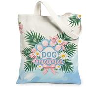 Paw Print Canvas Tote Bag for Women, Summer Tropical Chrysanthemum Bow Summer Pastel Blue Washable Reusable Small Tote Bag, Pastel Blue, 13x15 Inch