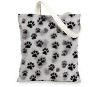Paw Print Canvas Tote Bag, Reusable Lightweight Grocery Bags, Eco-Friendly Black White Animal Motif Shoulder Bags 13x15 Inch