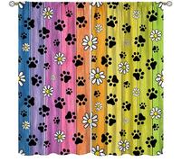Paw Print Curtains, Vintage Rainbow Wooden Board Flower Dog Cat Animal Cute Paw Prints Window Treatments Rod Pocket Drapes for Pet Room Kennel Bathroom 42x45in(No Blackout)