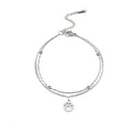 Paw Print Disc Layering Bracelet Anklet for Women Girls Stainless Steel Minimalist Adjustable Cat Dog Animal Double Layered Beaded Foot Chain Anklets Bracelets Cute Initial Birthday Jewelry (Silver)