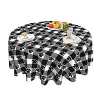 Paw Print Plaid Tablecloth Black and White Paw Print Table Cloth Washable Reusable Dog Paw Tablecloth Round Tablecloth 60 Inch, for Parties Picnic Dining Room Table Decor