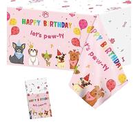 Paw Print Puppy Dog Birthday Tablecloth - Pink, Girl Dog Happy Birthday Table Cover - Plastic, Disposable - 137*274cm
