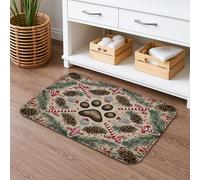 Paw Print Quick Dry Bath Mat, Rustic Christmas Pinecones Candy Canes Absorbent Non Slip Shower Mat, Flannel Washable Bath Rugs for Bathroom 16x24 Inch