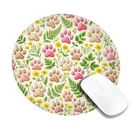 Paw Prints Small Mouse Pad, Nature Floral Flowers Leaves Spring Green Round Rubber Non Slip Portable Travel Mousepad Accessories for Office Home Computer Laptop Round 8x8 Inch