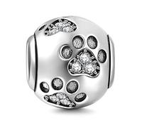 Paw Prints Solid 925 Sterling Silver Charm with Austrian Crystal Designs Ball Shape European Style Beads and Charms