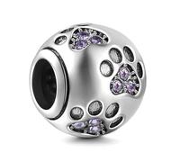 Paw Prints Solid 925 Sterling Silver Charm with Purple Crystal Designs Ball Shape European Style Beads and Charms