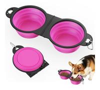 Pawaboo 2-in-1 Collapsible Dog Bowls, Dual Puppy Food and Water Bowls, 180° Flip Over Portable Silicone Dog Bowl with Metal Hook, 450ml Pet Travel Feeder Bowl for Walking Hiking Camping, Pink