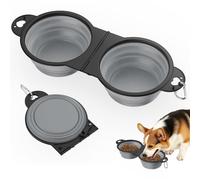 Pawaboo 2-in-1 Collapsible Dog Bowls, Dual Puppy Food and Water Bowls, 180° Flip Over Portable Silicone Dog Bowl with Metal Hook, 450ml Pet Travel Feeder Bowl for Walking Hiking Camping, Gray