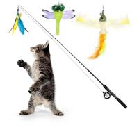 Pawaboo Cat Feather Toys, 4 Pack Interactive Cat feather Teaser Wand Toys, Retractable Fishing Pole Wand Catcher Exerciser with Refill Fish, Dragonfly Worm with Bells, Blue Yellow Green