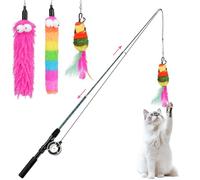 Pawaboo Cat Teaser Wand Toys, Cat Fishing Pole Toy with 3 Pack Feather Refills, 3-section Retractable Kitten Feather Toys with Pulley, Indoor Cats Teaser Catcher Exerciser with Bell,Rainbow + Rose Red