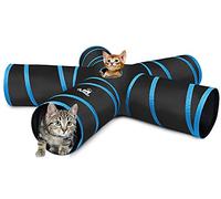 Pawaboo Cat Tunnel, Premium 5-Way Tunnel Expandable Foldable Cat Toy Maze Offset Tunnel Cat Toy with Pompom and Bells for Kittens Rabbits, Black & Light Blue