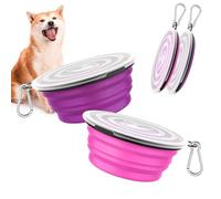 Pawaboo Collapsible Dog Bowls 2 Pack, Silicone Feeding Watering Bowls with Lids & Carabiners for Dogs Cats, Portable Water Feeder Food Bowl for Walking Traveling Home Use, Pink + Purple