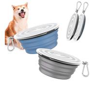 Pawaboo Collapsible Dog Bowls 2 Pack, Silicone Feeding Watering Bowls with Lids & Carabiners for Dogs Cats, Portable Water Feeder Food Bowl for Walking Traveling Home Use, 1000ml, Blue + Grey