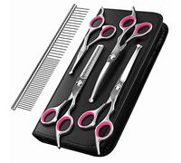 Pawaboo Dog Grooming Scissors 5 Pack, Dog Grooming Kit Stainless Steel Titanium Coated Dog Scissors Dog Grooming Scissors Set, Straight/Curved Shears & Comb with Case for Small Large Pet Dog Cat, Pink