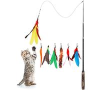Pawaboo Feather Teaser Cat Toy, 7PCS Extensible Interactive Feather Wand Cat Toy Flying Feather Cat Catcher with Extra Long 38.6" Wand and Small Bell, Fun Exerciser Playing Toy, Colorful Stripes
